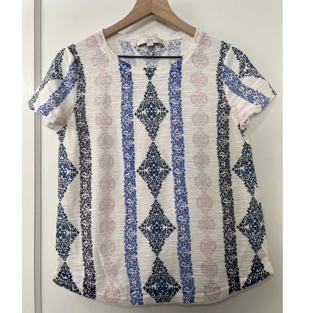 LOFT Women's Short Sleeve Sweater Multicolor Print 100% Cotton Size M